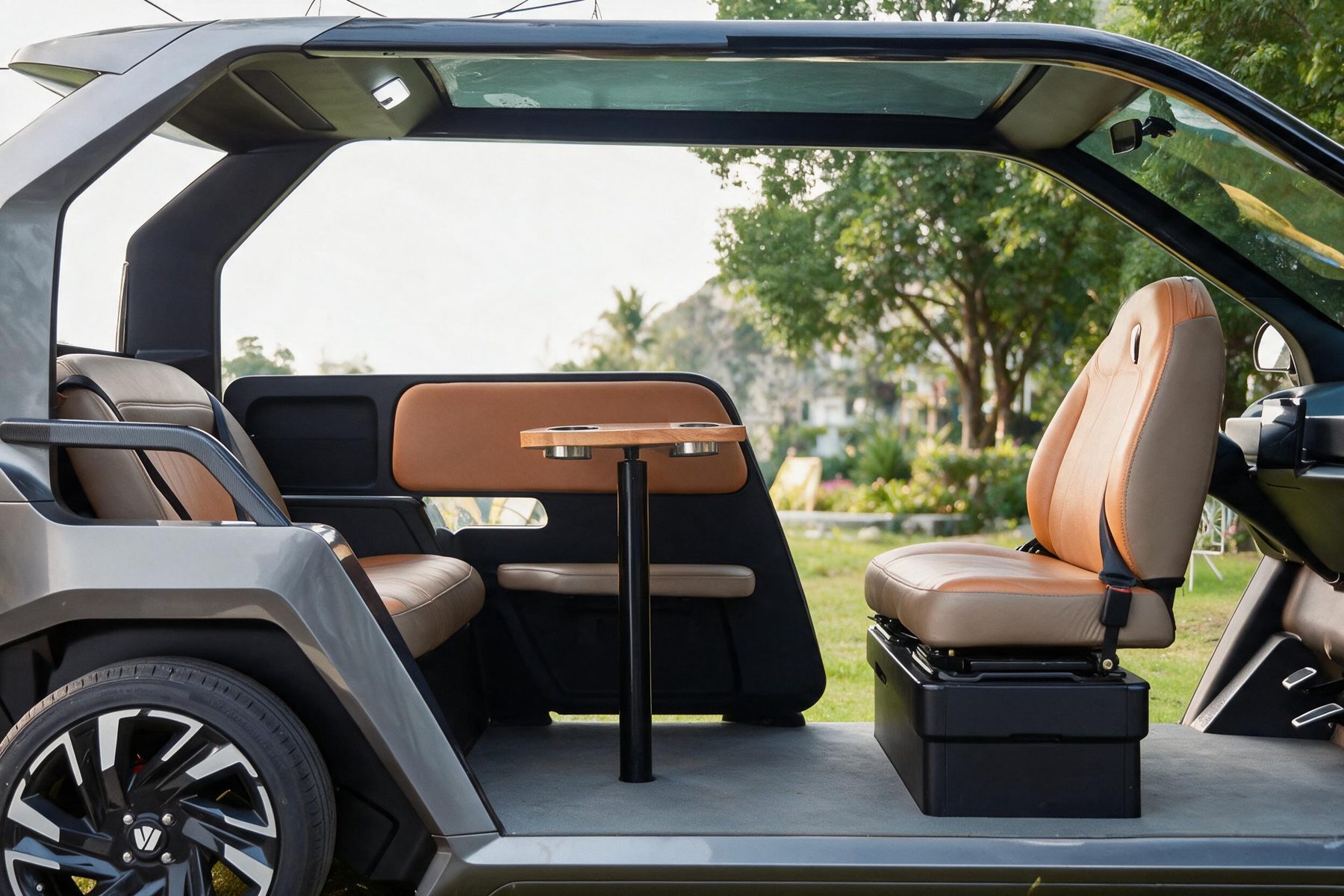 WANYU ONE, carrito de golf eléctrico de cinco plazas — Cabina lounge con asientos enfrentados y mesa