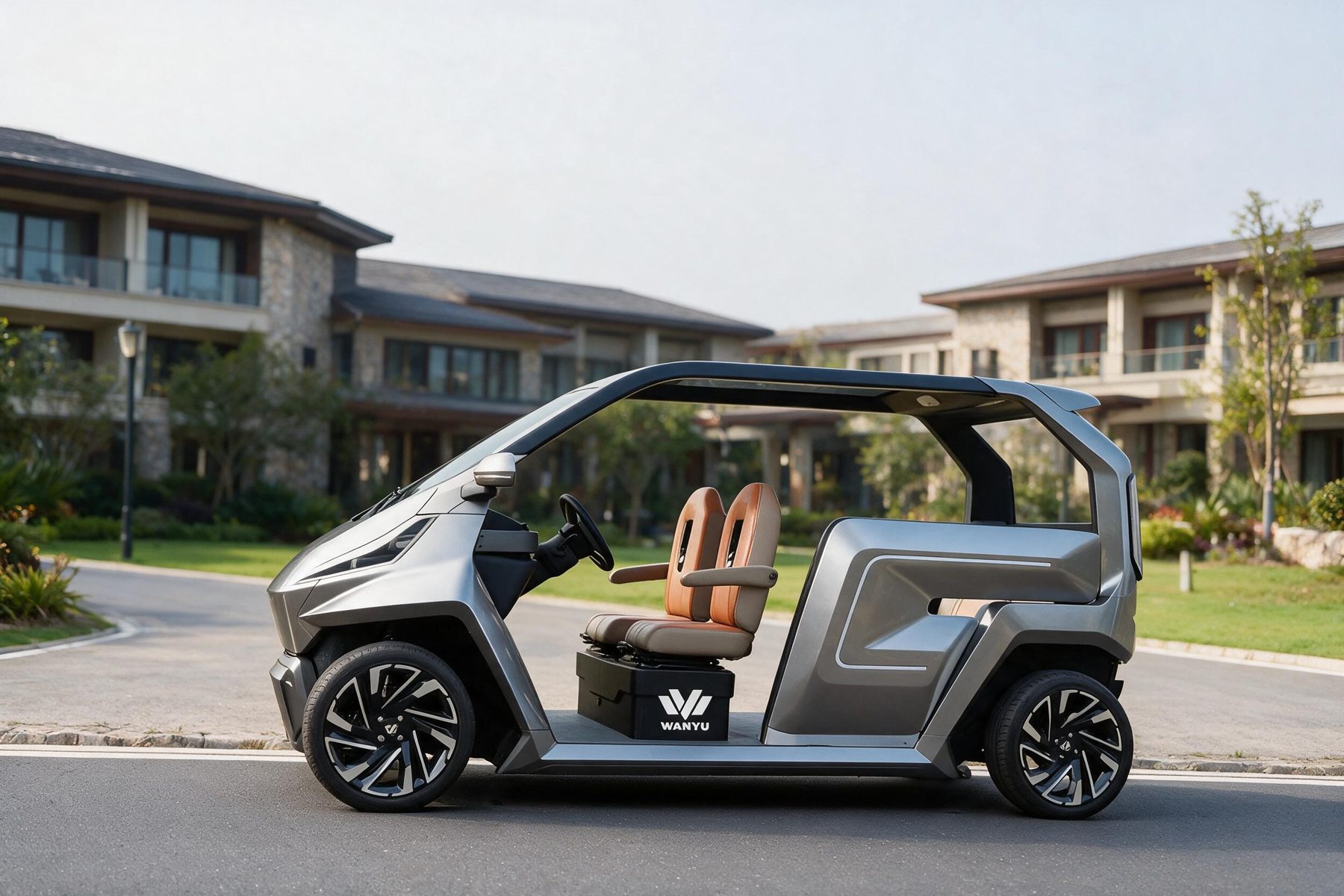 WANYU ONE, carrito de golf eléctrico de cinco plazas — Vista trasera de tres cuartos en un resort